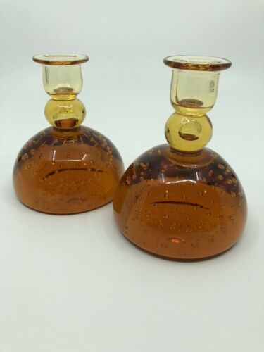 Whitefriars Art Glass Amber Controlled Bubble Pair Of Candlesticks