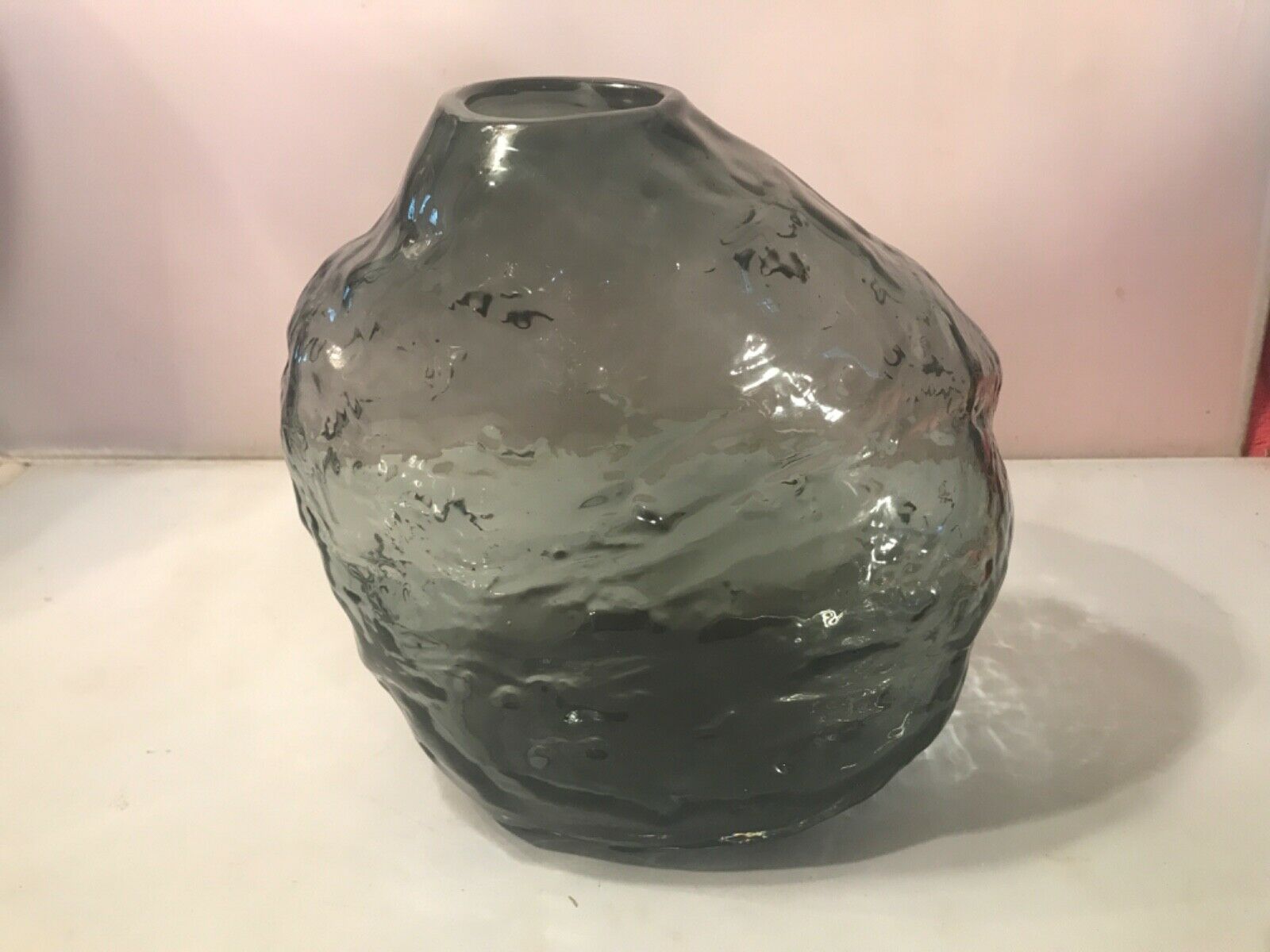 Mid-century Unmarked 8.5” Smoke Glass Vase Hornet’s Nest Shape