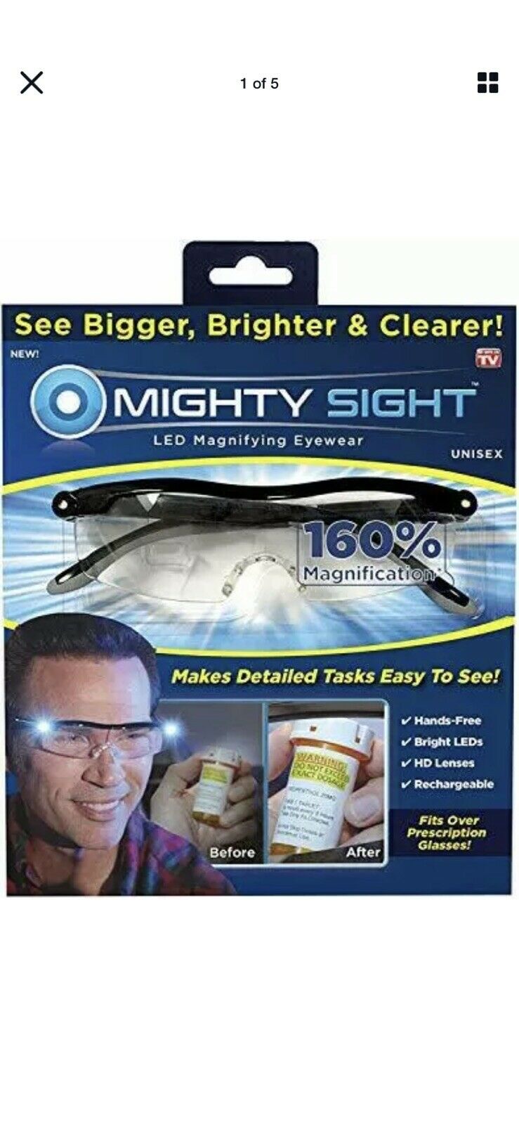 Mighty Sight Led Rechargeable Magnifying Eye Wear Reading Glasses W/caring Case