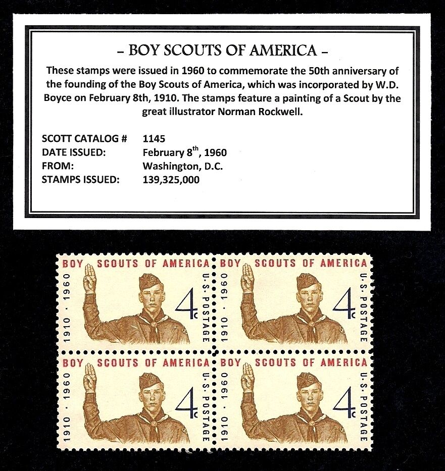 1960 - Boy Scouts Of America (bsa) -  Block Of Four Vintage U.s. Postage Stamps