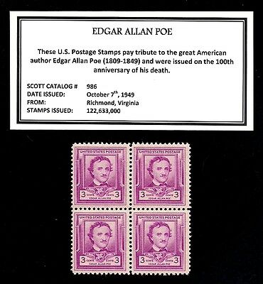 1949 - Edgar Allan Poe - Vintage Mint -mnh- Block Of Four Postage Stamps