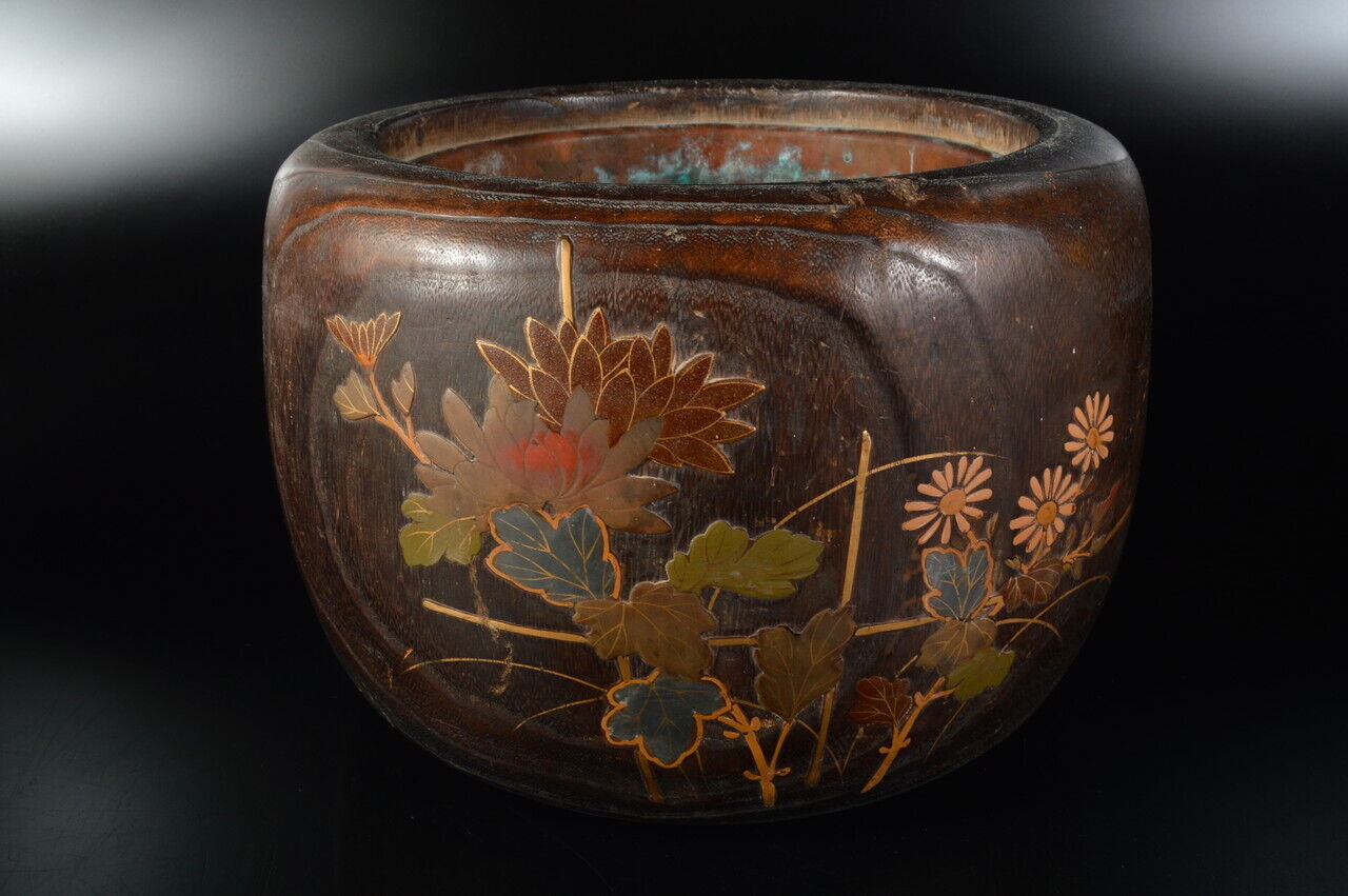 G528: Xf Japanese Wooden Lacquer Ware Flower Shapely Chacoal Brazier Hibachi