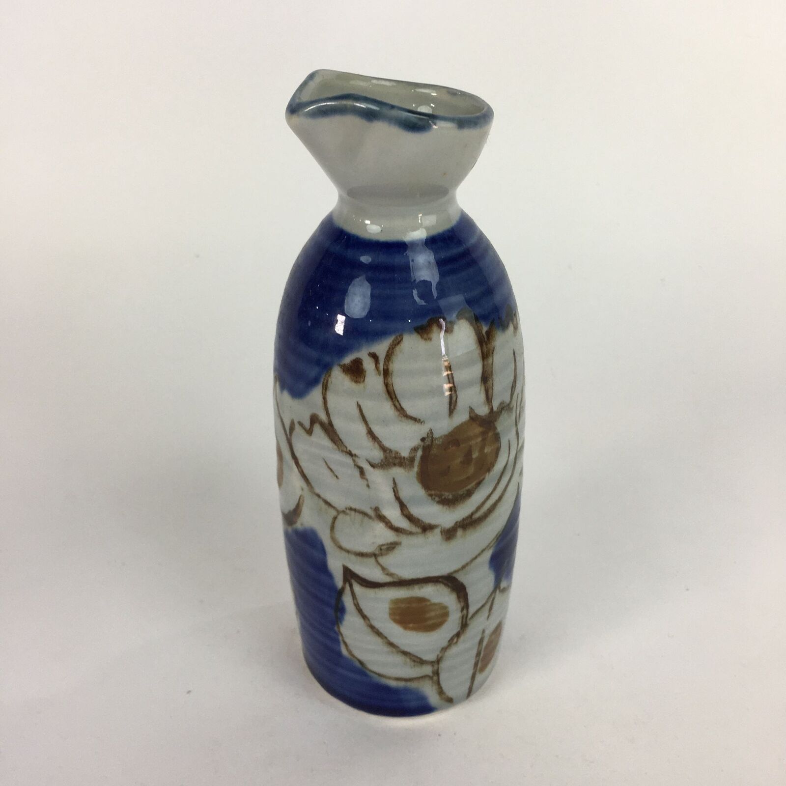 Japanese Ceramic Sake Bottle Tokkuri Vtg Pottery Blue Hand Drawn Picture Ts262