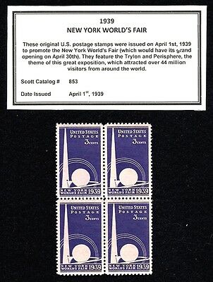 New York World's Fair (1939) - #853 Mint Nh Block Of Four Vintage Postage Stamps