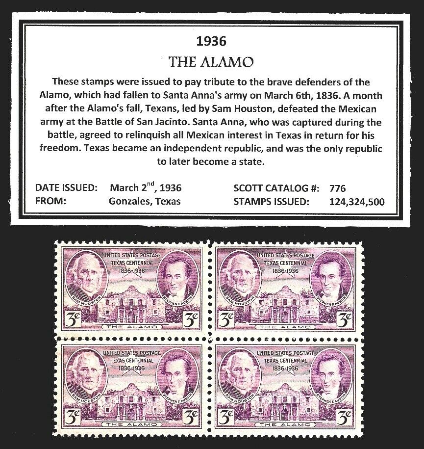 1936 - Texas Alamo - Mint -mnh- Block Of Four Vintage U.s. Postage Stamps