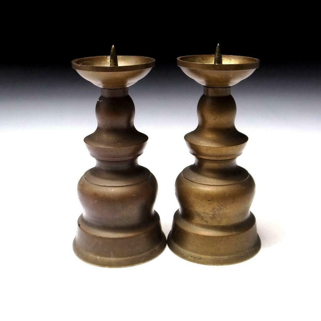 $sb42 Vintage Japanese Copper Candle Stands, Shokudai, Buddhist Altar Article