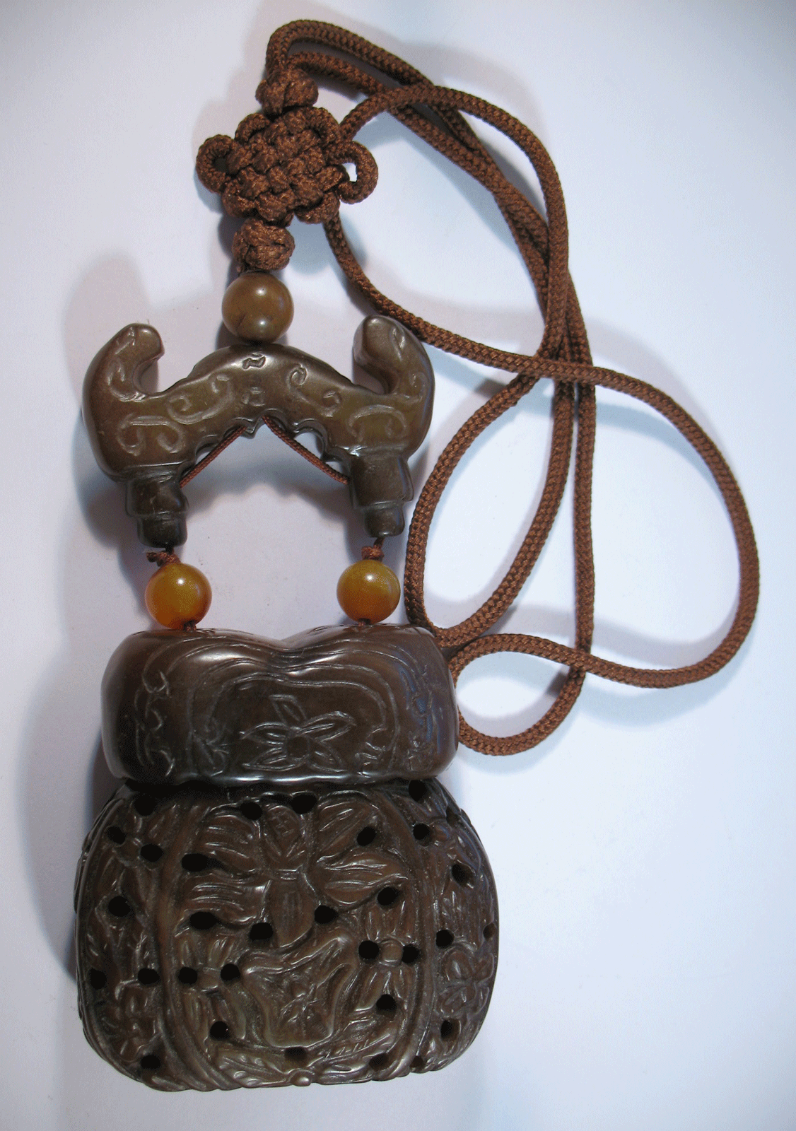 Brown Serpentine Carved Dark Brown Stone Inro Box, Inro Asian Design (d45)