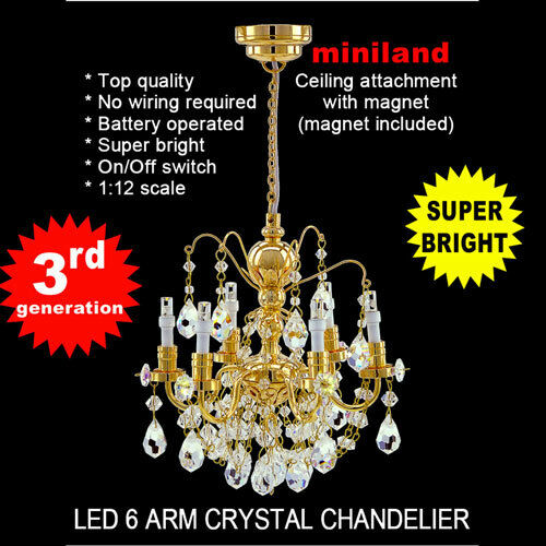 Crystal Brass Chandelier 6 Arms Led Lamp Dollhouse Miniature Light Battery