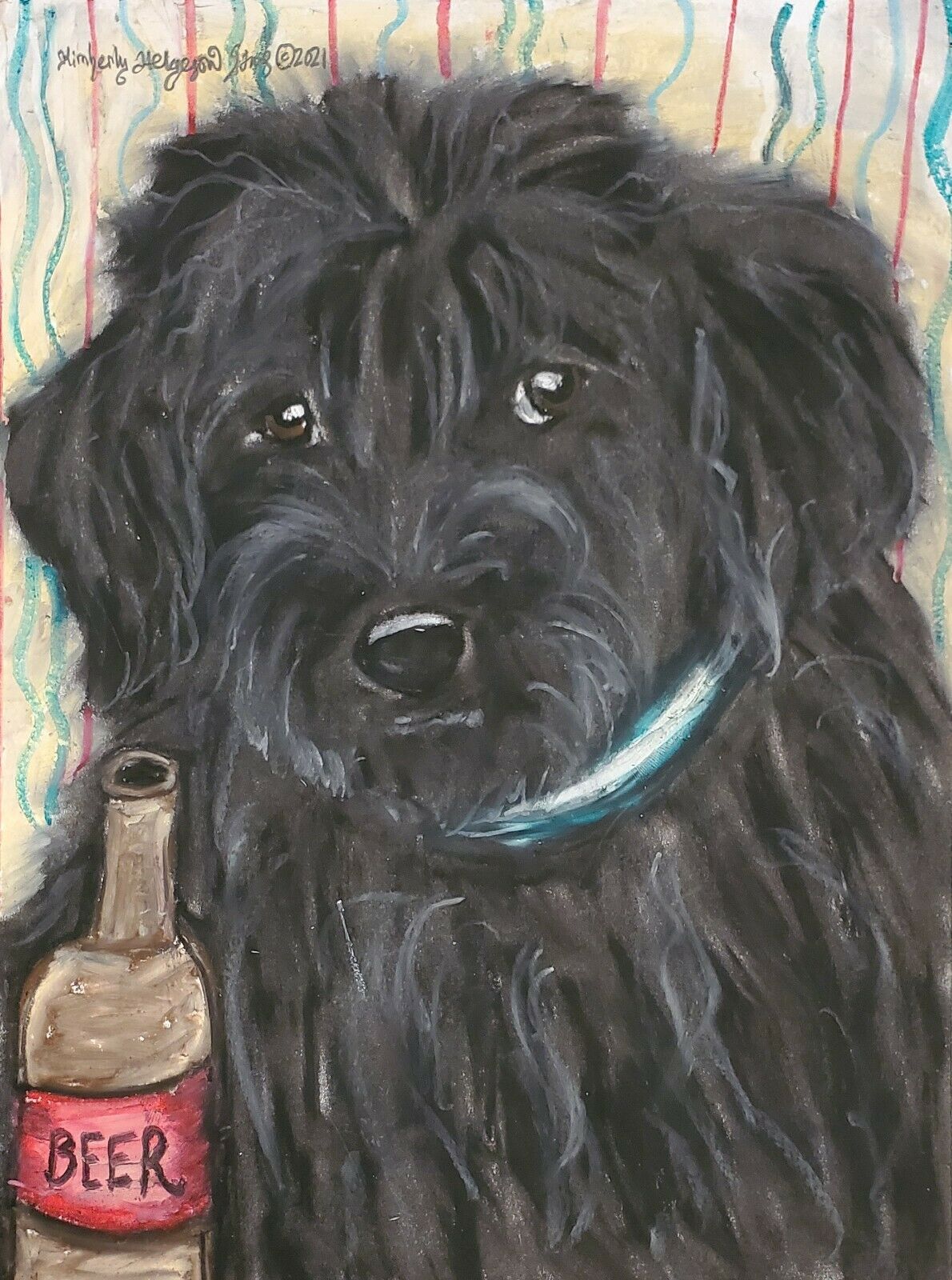 8x10 Black Labradoodle With A Beer Dog Art Print Of Painting Artwork By Ksams