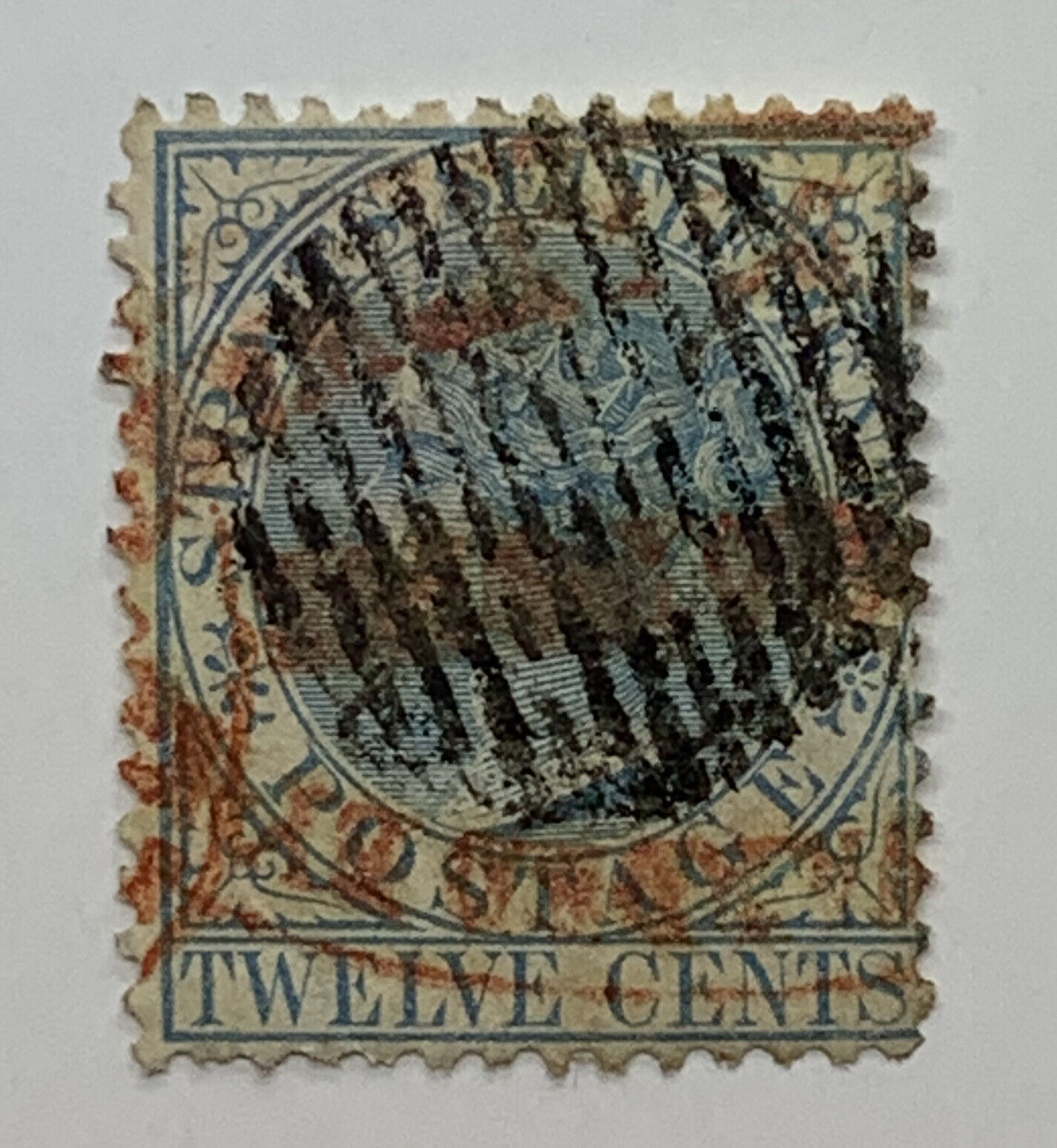 1867 Straits Settlements 12c Stamp Qv With Red And Grilled Son Cancels