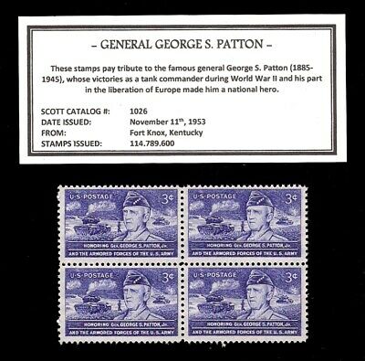 1953 General George S. Patton -  Block Of Four Vintage U.s. Postage Stamps