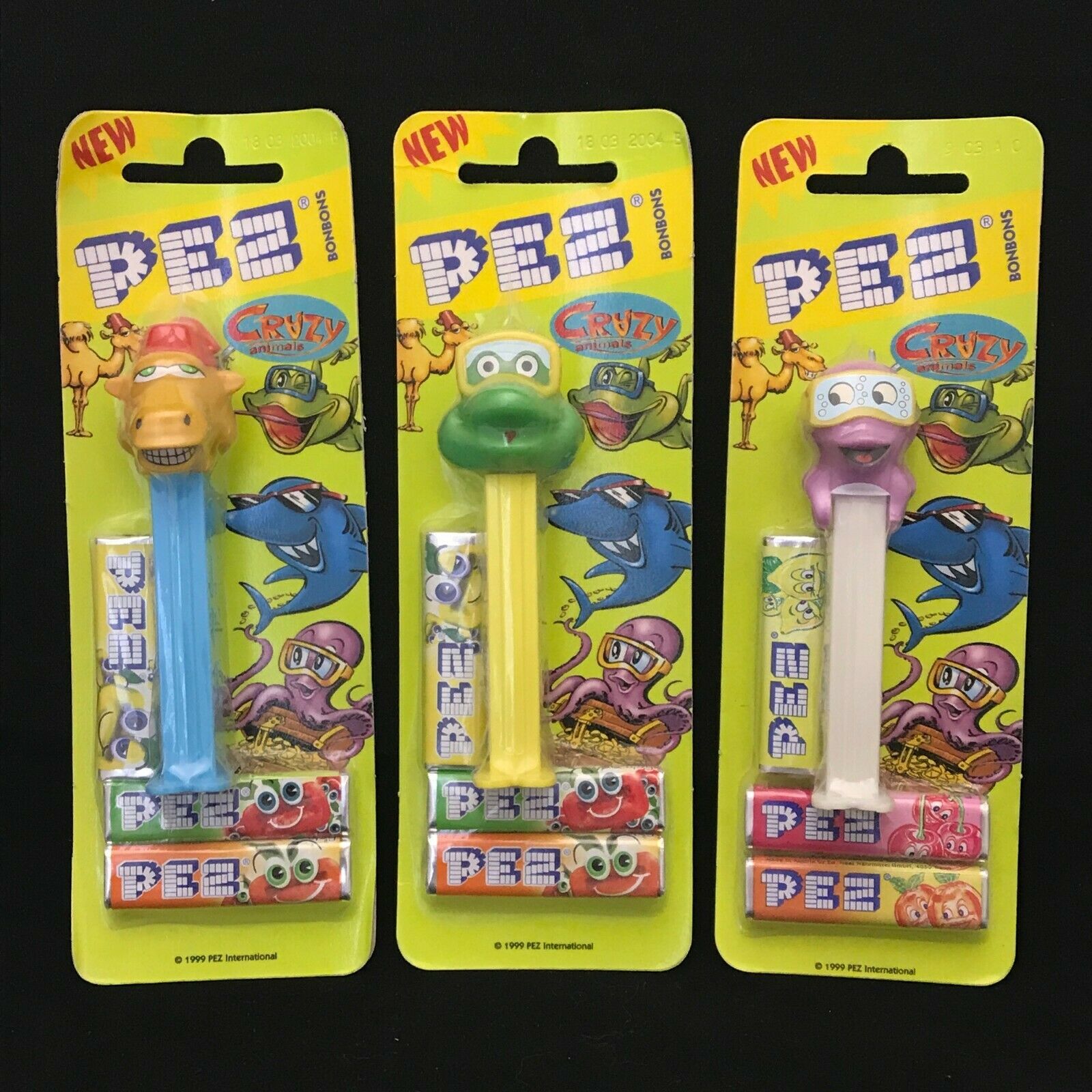 Pez European Crazy Animals Camel Frog Octopus Lot Of 3 (1999) New On Cards