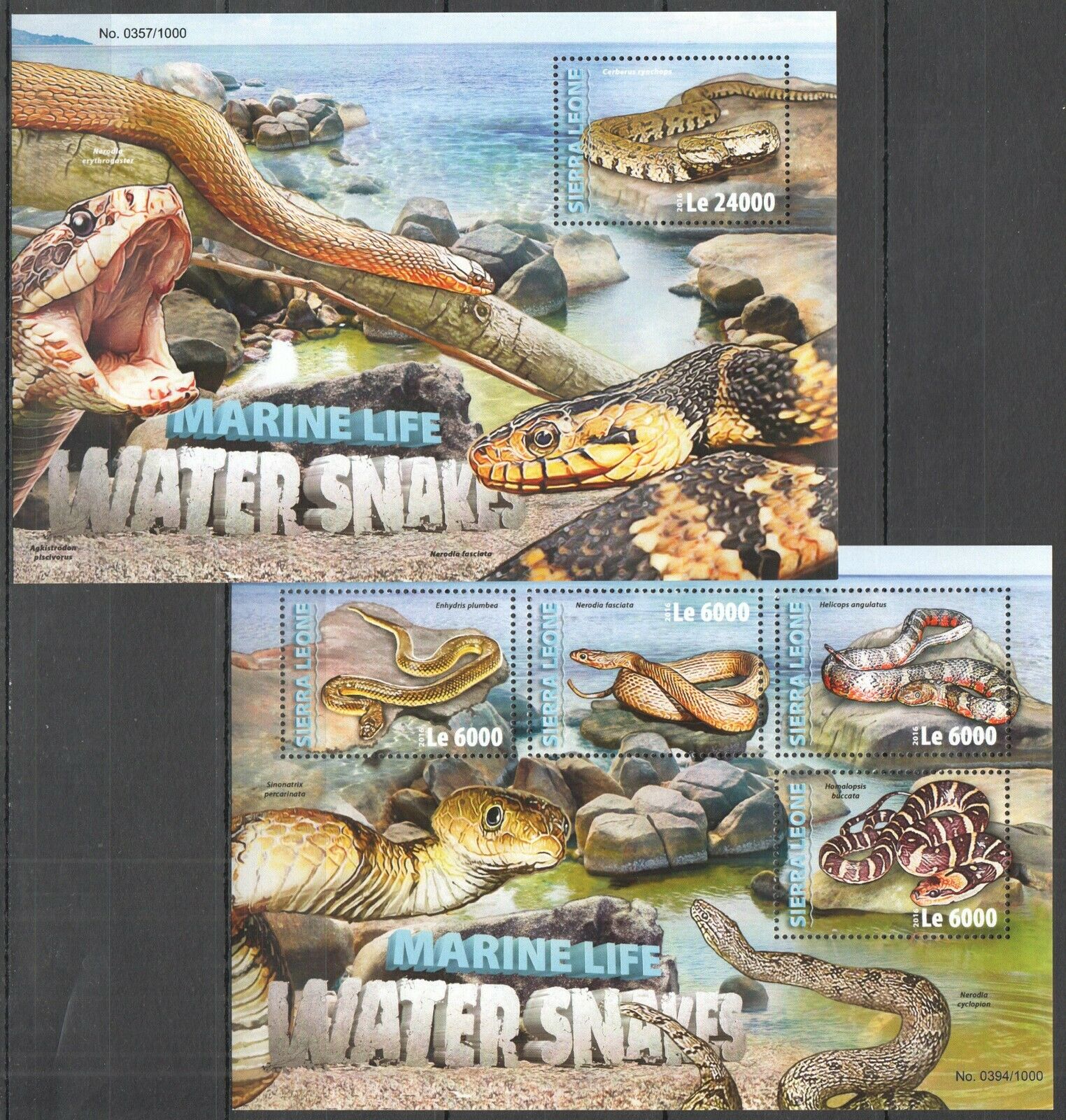 St305 2016 Sierra Leone Marine Life Fauna  Water Snakes Kb+bl Mnh Stamps