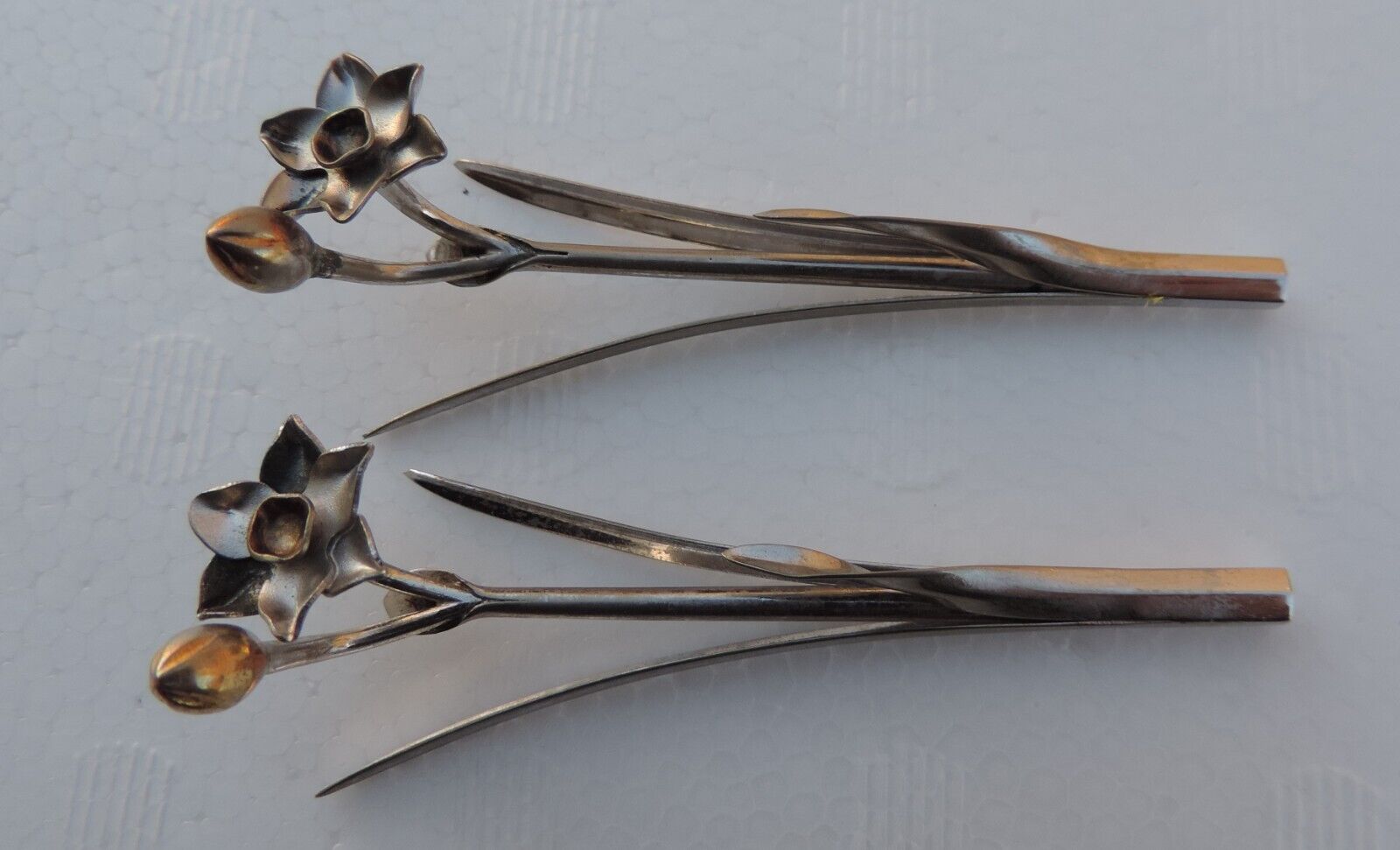 Rare Exquisite Vinatge Pair Japanese Sterling Silver Orchid Flower Ornaments