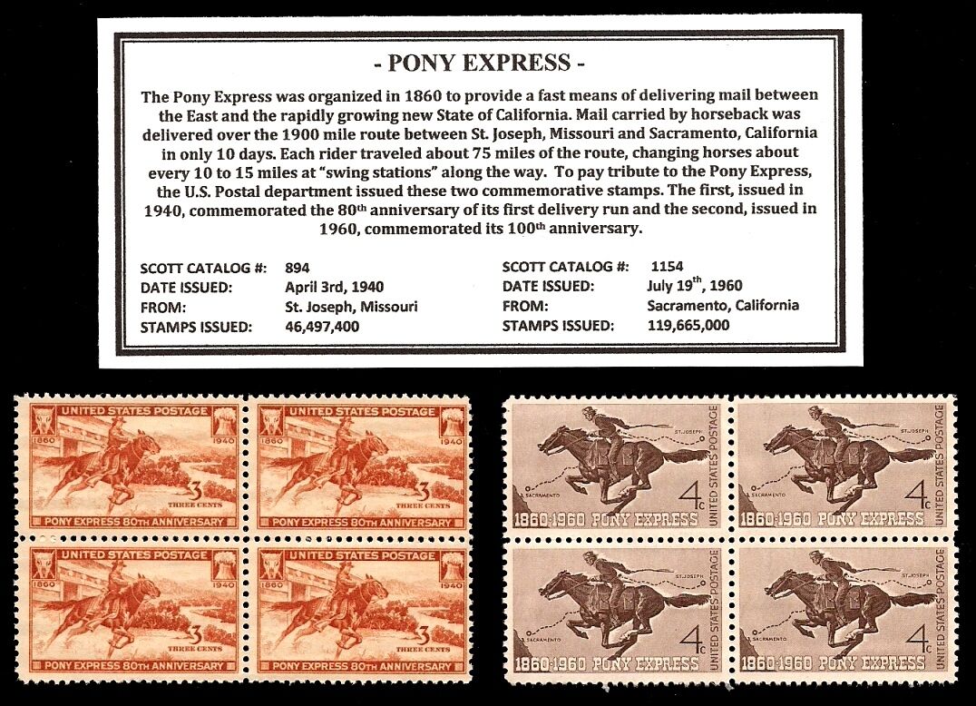 1940 - 1960 - Pony Express -  Blocks Of Four Vintage U.s. Postage Stamps